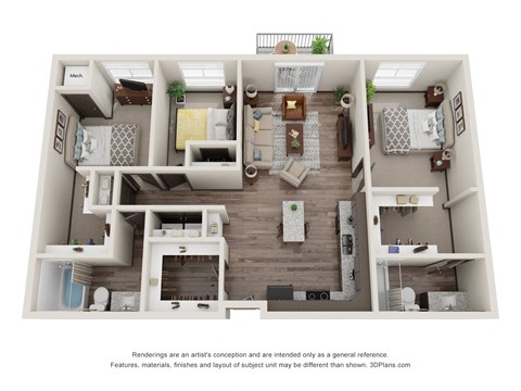 Floor plan for 3 beds, 2 baths, 1373 sqft